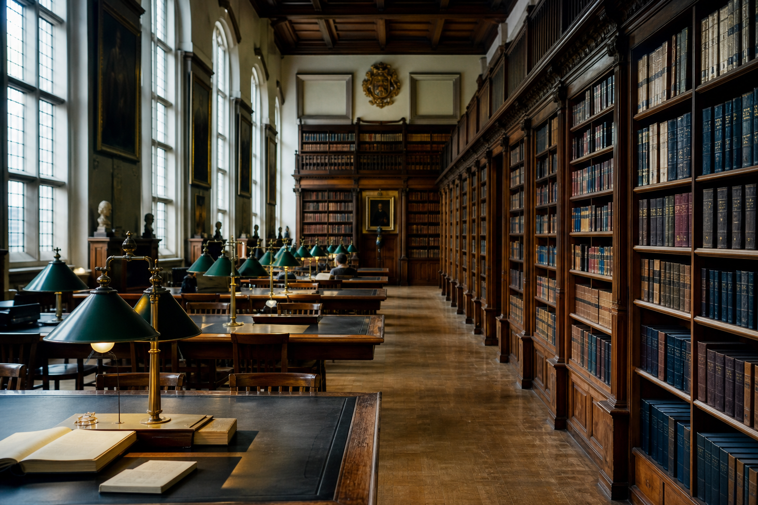 University reading room with wooden tables and green lamps.