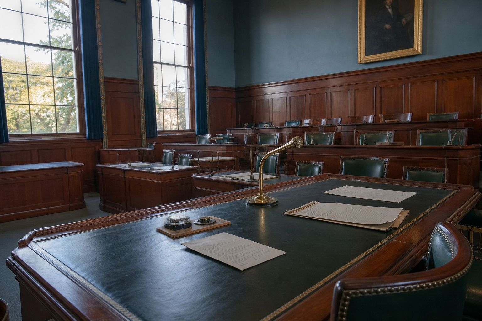Empty British civic chamber with oak benches and late afternoon light.