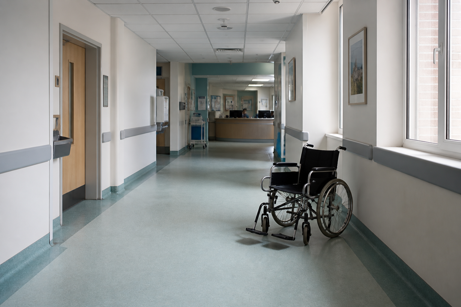 Quiet hospital corridor in natural daylight.