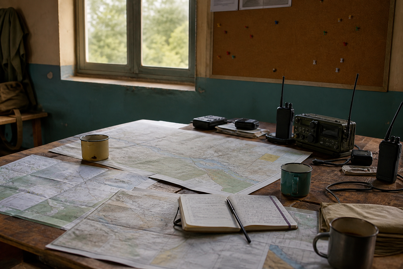 Field operations table with maps, radios, and notebooks.